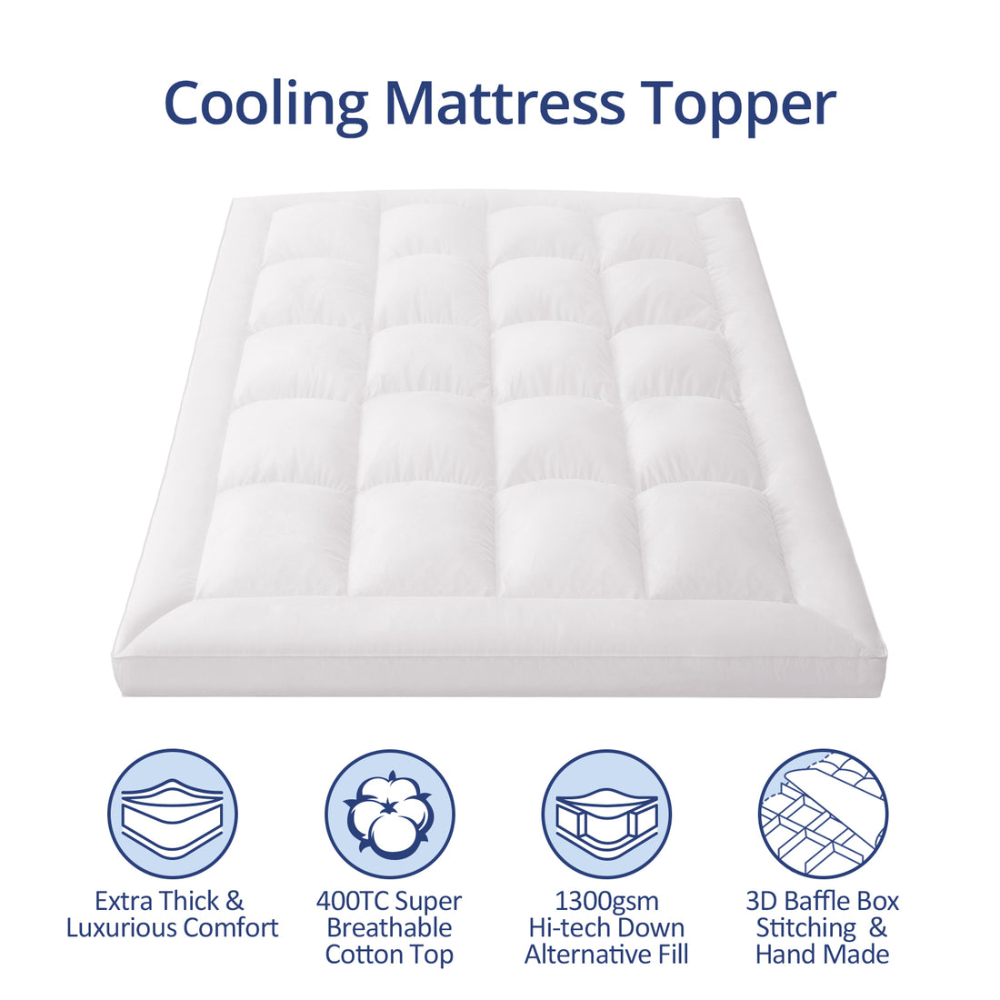 Extra Thick Cooling Mattress Topper, 1300 GSM Overfilled Pillow Top with Baffle Box Design, Hand Made 400TC Organic Cotton Pad Cover, Plush & Support Snow Down Alternative, Hotel Quality