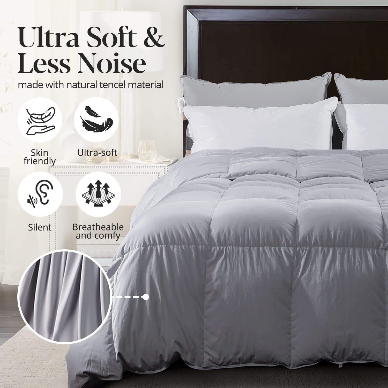 WarmKiss Lightweight Down Comforter All Season Soft and Fluffy Duvet Insert, Luxury Tencel Cover, 50% Down 50% Feather Fill Bed Comforters Grey